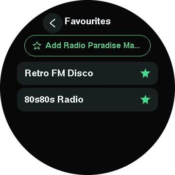 Favourites: the saved stations with a star on each, and the station playing to add