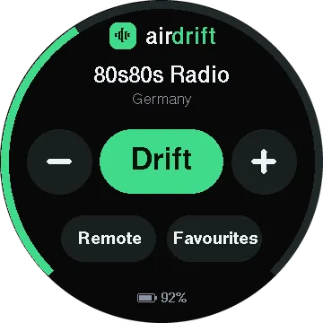 The radio's home screen: the station and its country, volume down, Drift and volume up, then Remote and Favourites