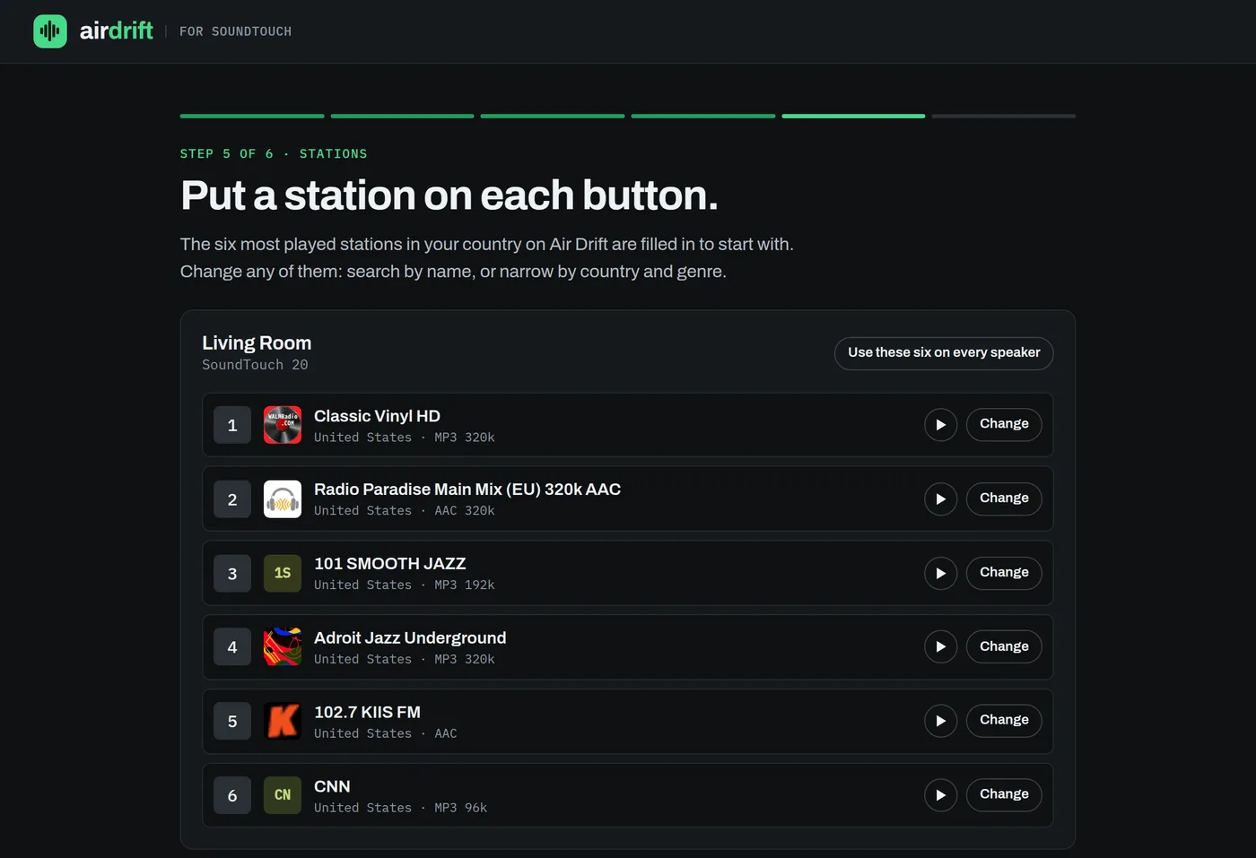 Choosing six radio stations for the preset buttons of a Bose SoundTouch 20